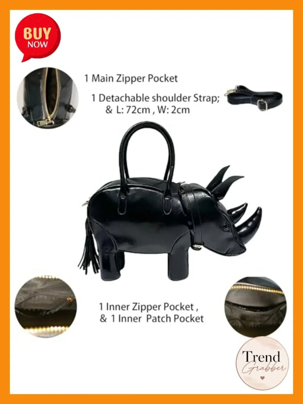 PVC Rhino Shaped Crossbody Handbag Purse - Detachable Strap - Animal Novelty